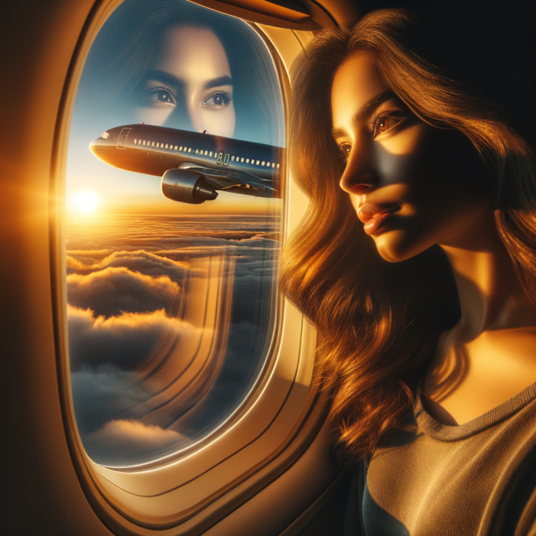 Un avion dans le ciel au coucher du soleil vu travers le hublot