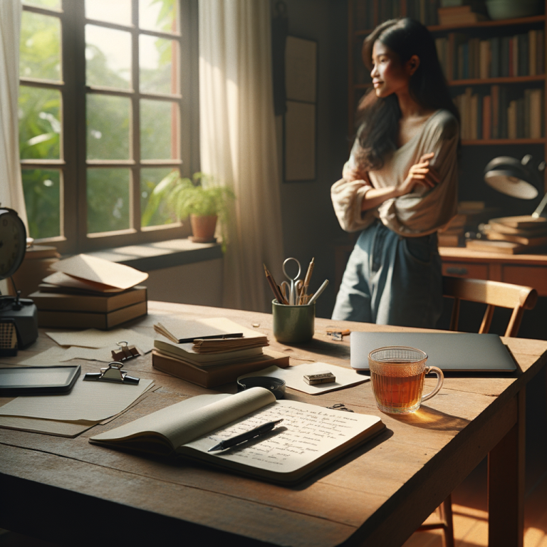 Un bureau en bois clair baigne par une lumiere douce et naturelle