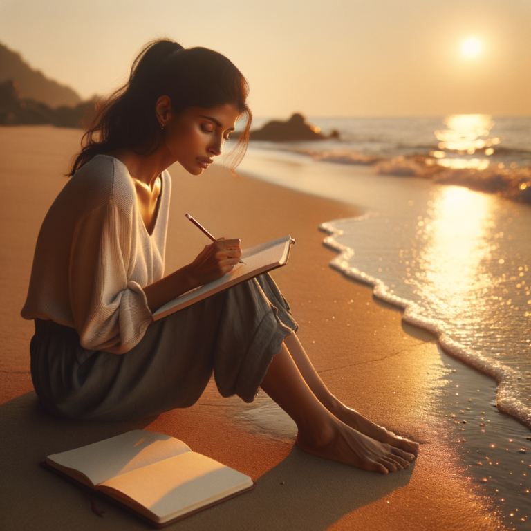 Une femme assise seule sur une plage avec un coucher du soleil