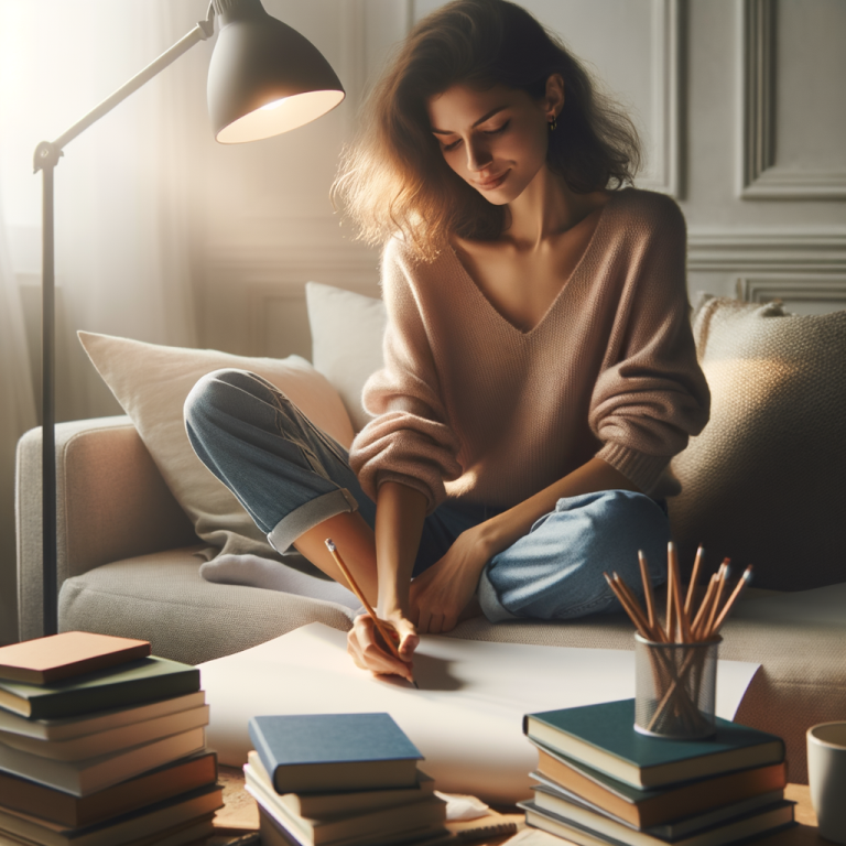 Une femme assise sur un canape confortable entouree de livres et de carnets