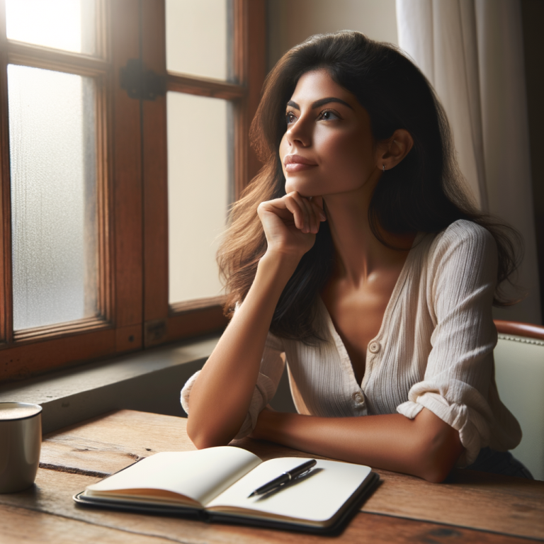 Une femme assise une table un carnet ouvert et un stylo
