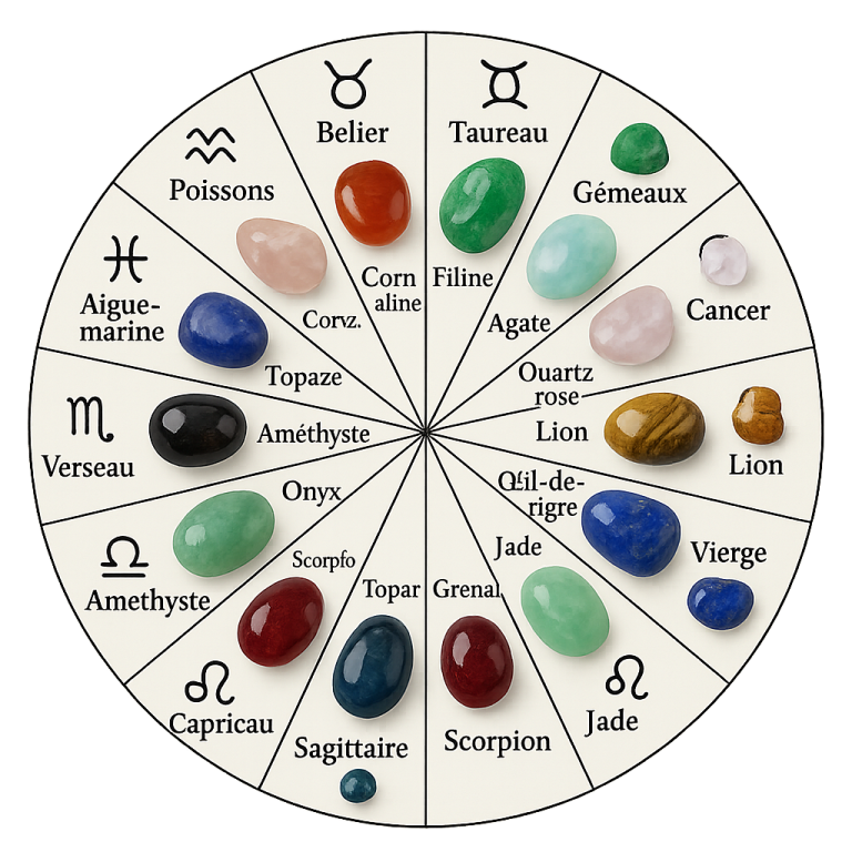 Tableau rond décrivant la signification de la symbolique des pierres du zodiac