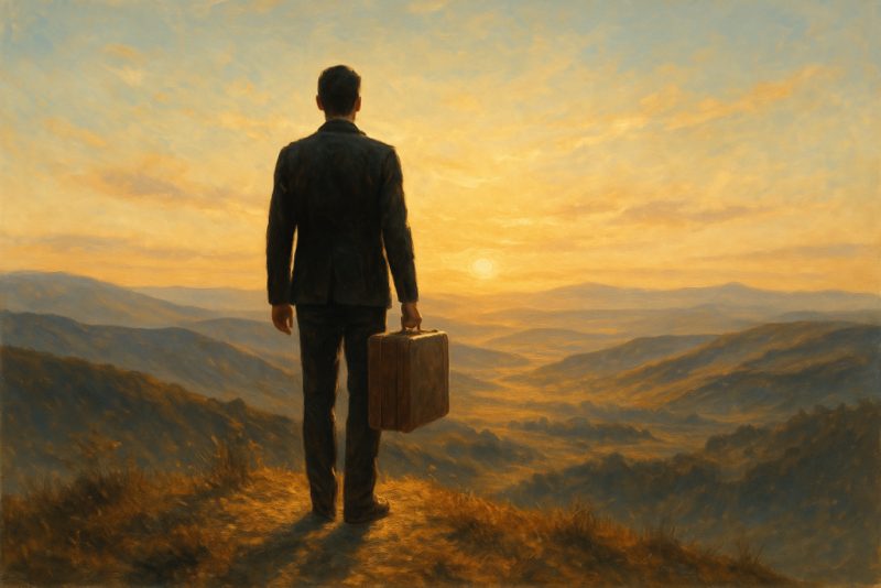 Personne tenant une valise devant un sommet