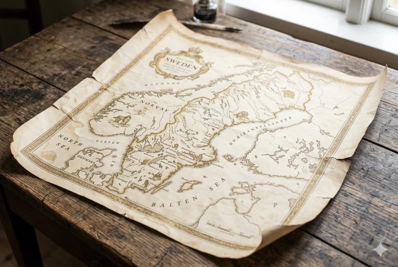 carte de Suède patinée, illustrant le merveilleux voyage de Nils Holgersson.