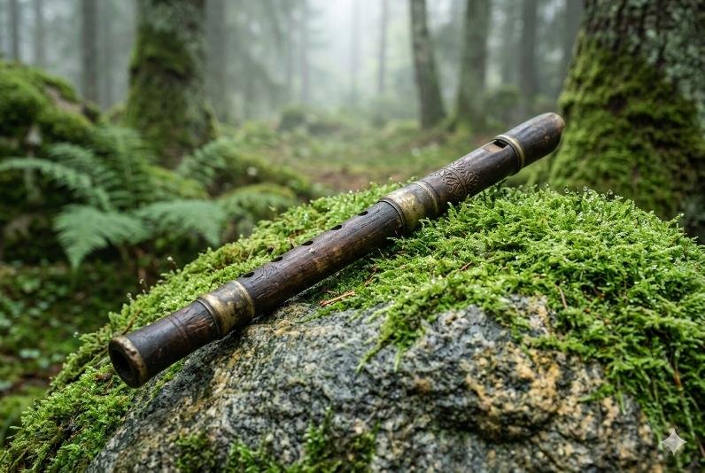 Flûte en bois ancienne posée sur un rocher couvert de mousse verte, dans une forêt brumeuse.