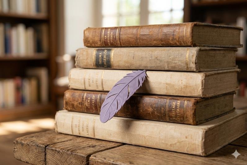 Pile de vieux livres reliés avec un marque-page en forme de plume d'oie violette