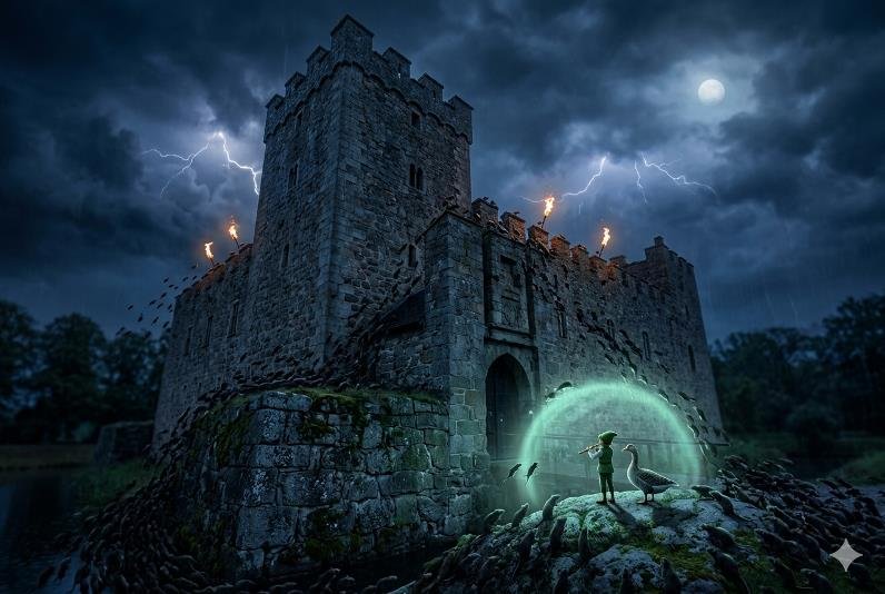 Illustration nocturne du château de Glimmingehus envahi par des rats, avec une aura magique vert menthe protégeant Nils.
