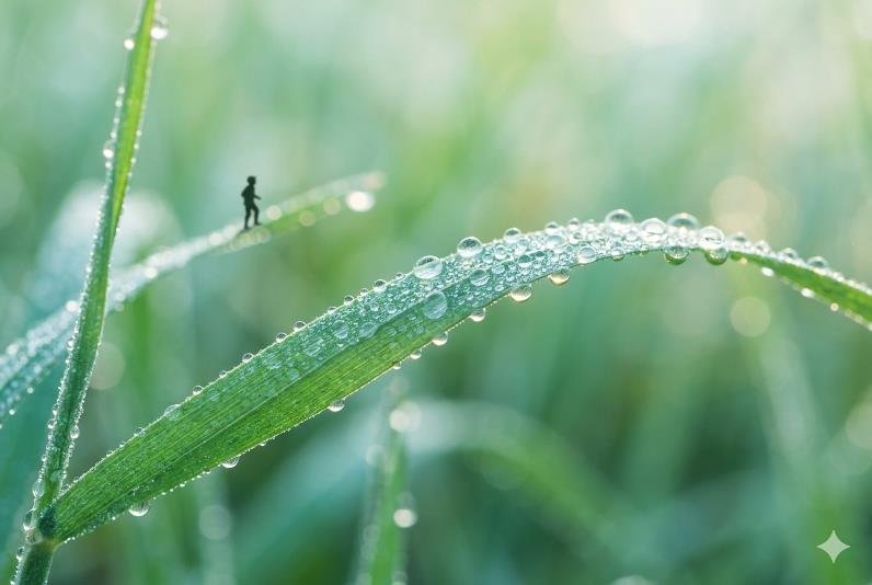 brin d'herbe couvert de rosée, évoquant la quête initiatique de Nils Holgersson.