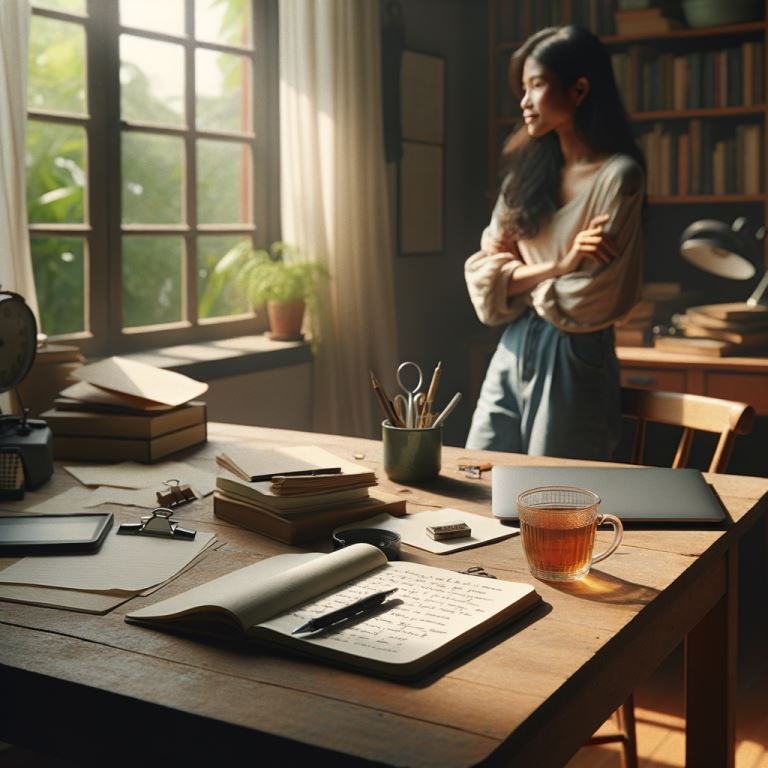 Un bureau en bois clair baigne par une lumiere douce et naturelle