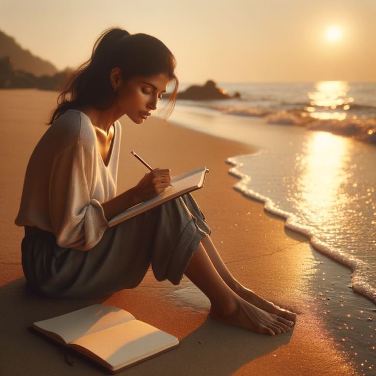 Une femme assise seule sur une plage avec un coucher du soleil