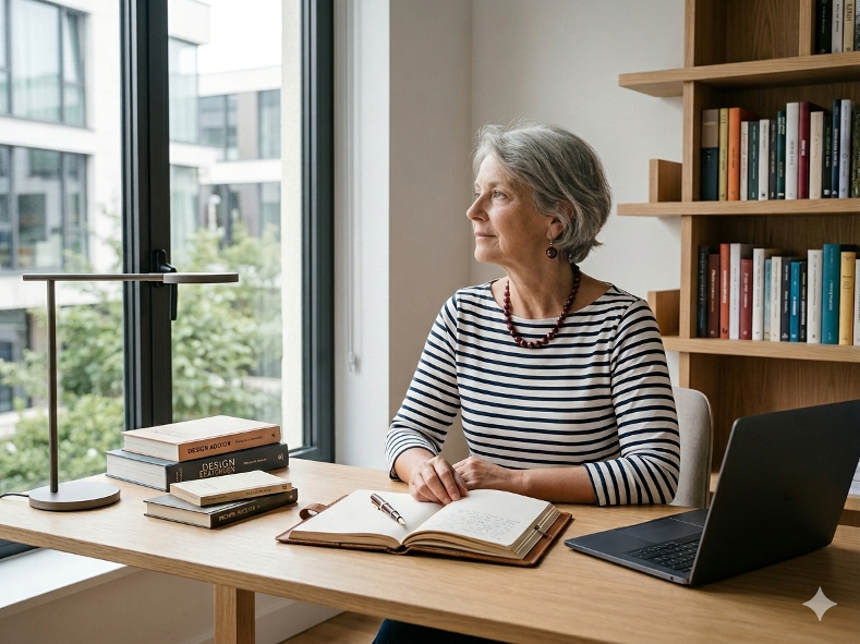 Portrait d'une romancière inspirée, Gabrielle Baptiste, assise à son bureau avec un carnet ouvert et une bibliothèque en arrière-plan.