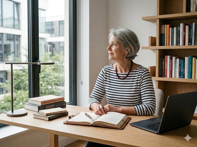 Portrait d'une romancière inspirée, Gabrielle Baptiste, assise à son bureau