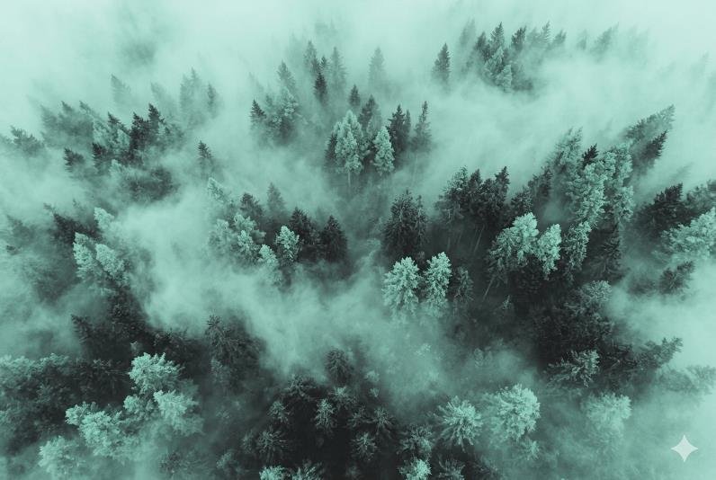 Vue aérienne stylisée d'une forêt de sapins sous la brume matinale, inspirée par la Laponie.