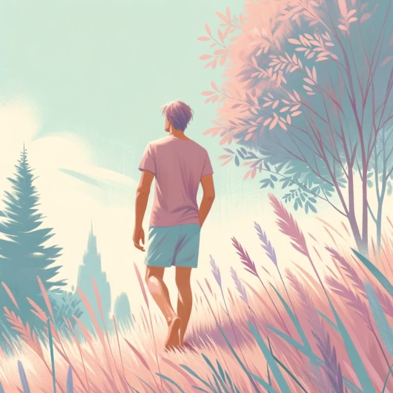 jeune homme marche sur l'herbe
