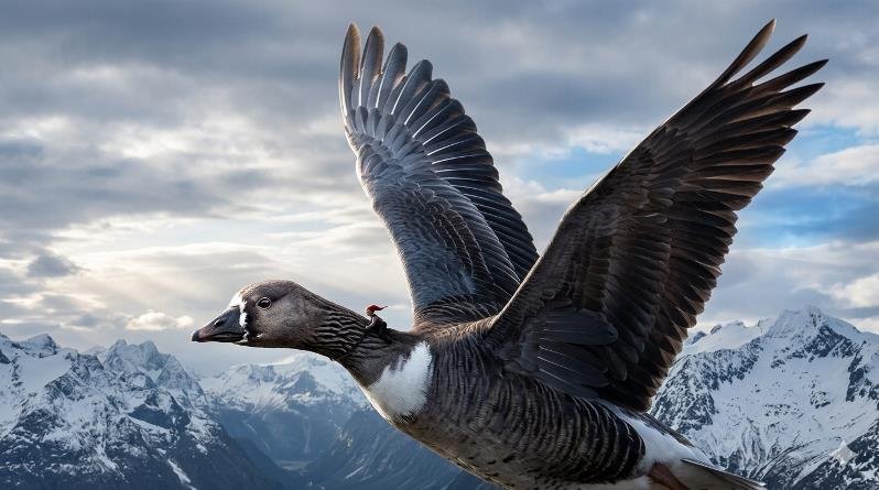L'oie sauvage Akka en plein vol majestueux au-dessus des sommets enneigés du Kebnekaise.