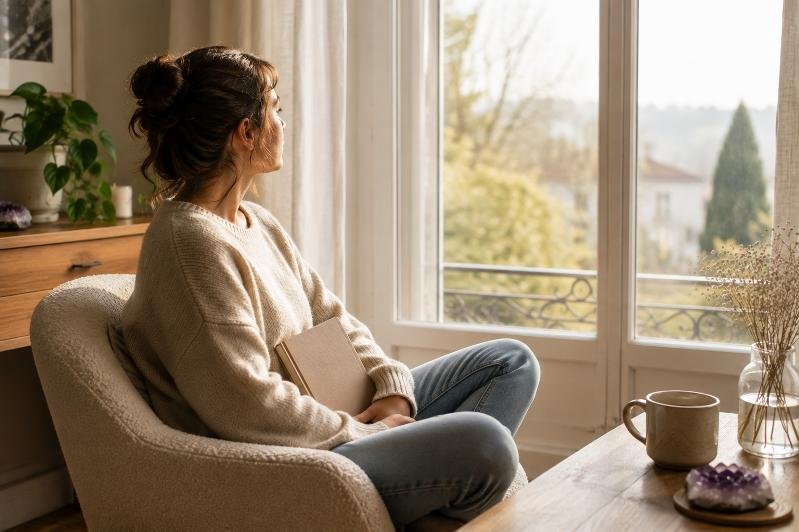 Femme assise près d’une fenêtre