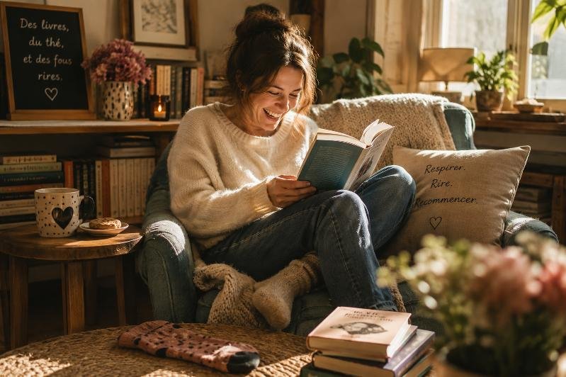 Lectrice riant en lisant un roman