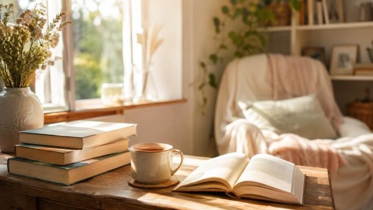 Coin lecture chaleureux avec pile de livres