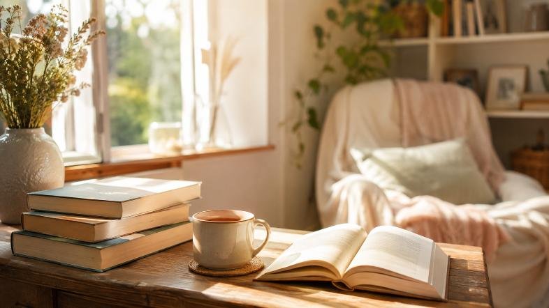 Coin lecture chaleureux avec pile de livres