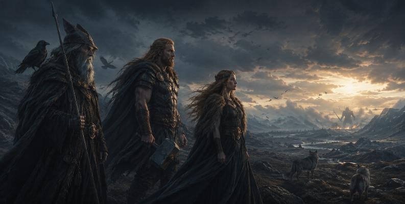 Odin Thor et Freyja face à un horizon