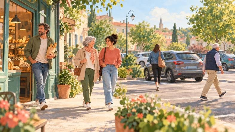 Scène de marche quotidienne dans un village
