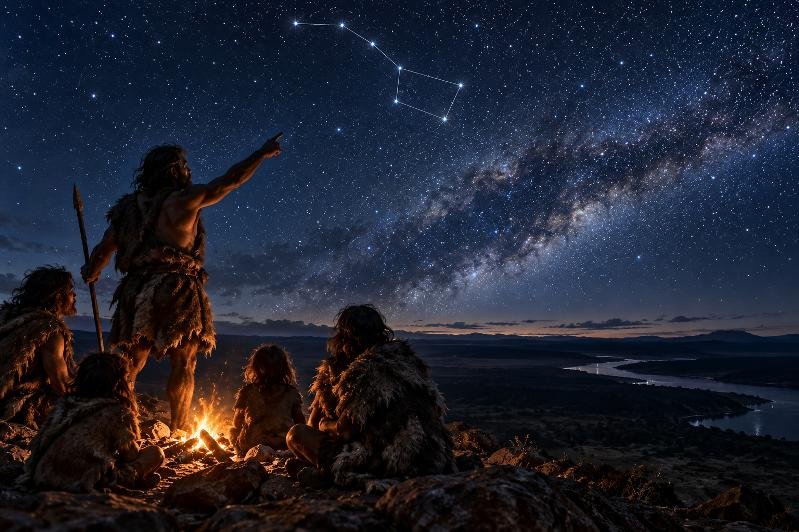 Groupe d’humains préhistoriques observant un ciel étoilé et des constellations autour d’un feu.