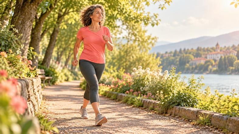 Femme en marche rapide sur un chemin au bord de l’eau, dans un cadre naturel et lumineux.