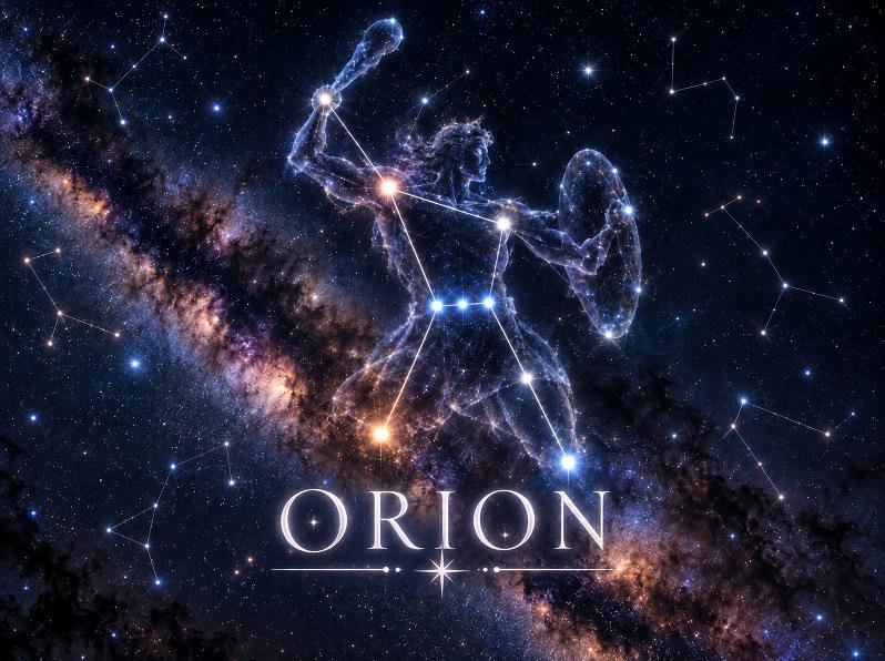 Constellation d’Orion représentée dans un ciel étoilé avec le nom ORION.