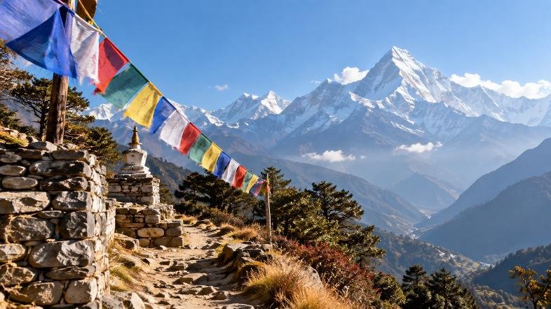 Paysage montagneux du Népal avec sommets enneigés de l’Himalaya, sentier de randonnée et drapeaux de prière colorés