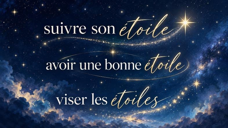 Illustration céleste avec les expressions « suivre son étoile », « avoir une bonne étoile » et « viser les étoiles » sur fond de ciel étoilé.