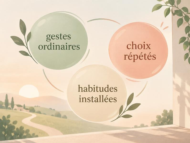 Illustration avec trois bulles pastel contenant les mots gestes ordinaires, choix répétés et habitudes installées.