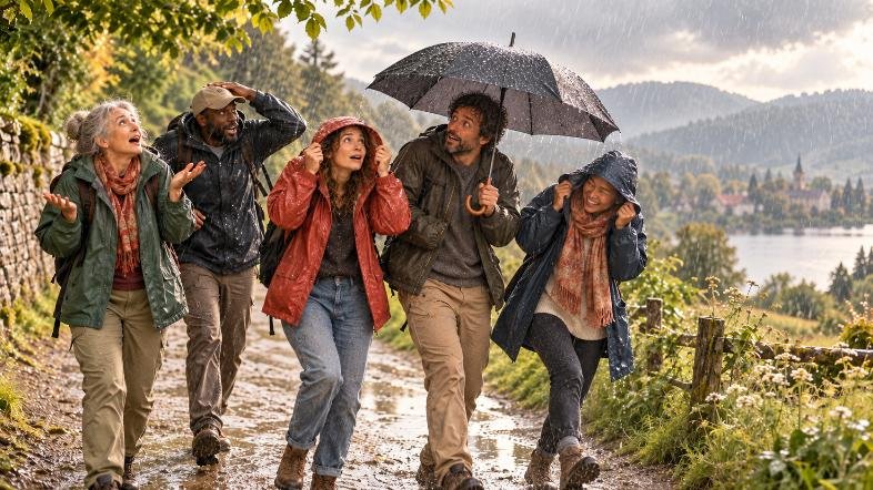 Groupe de marcheurs surpris par une pluie soudaine lors d’une balade en pleine nature.