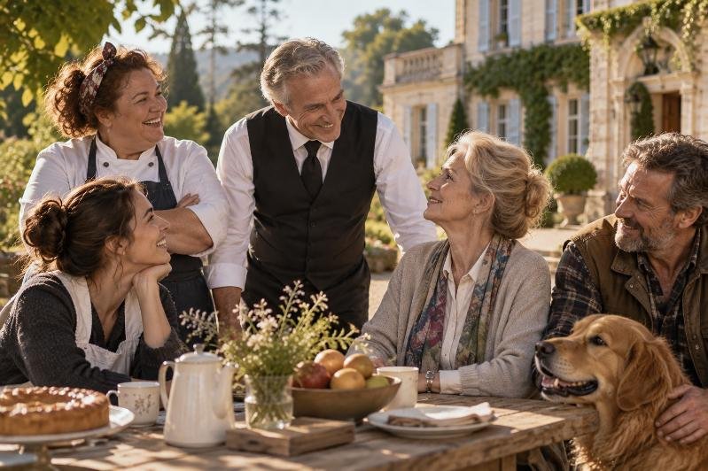 Groupe de cinq personnes réunies autour d’une table devant un domaine, échangeant et riant ensemble dans une ambiance chaleureuse.