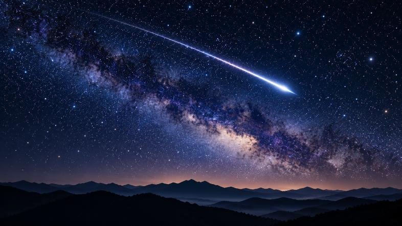 Étoile filante très lumineuse traversant un ciel étoilé au-dessus de montagnes sombres.