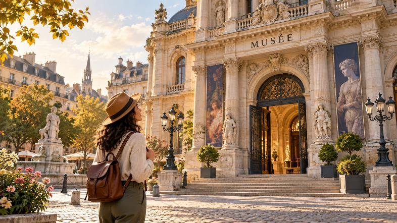 Personne dans une rue pavée devant un beau bâtiment portant l’inscription Musée.