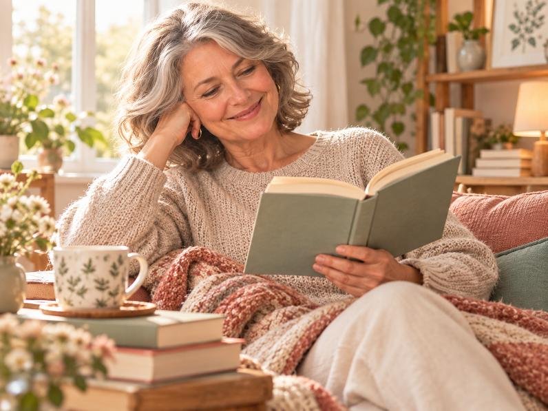 Femme aux cheveux gris lisant un livre avec plaisir dans un intérieur chaleureux et lumineux.