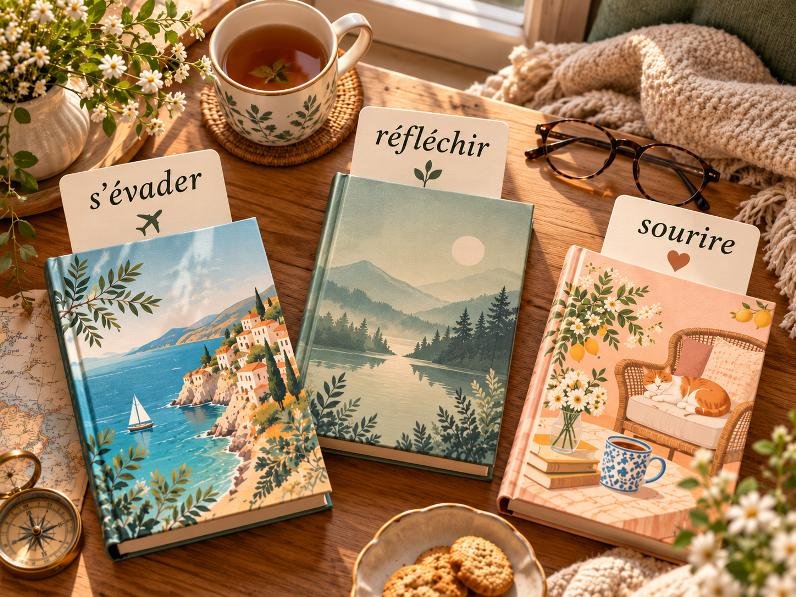Trois livres posés sur une table avec les mots “s’évader”, “réfléchir” et “sourire” pour illustrer différentes envies de lecture.