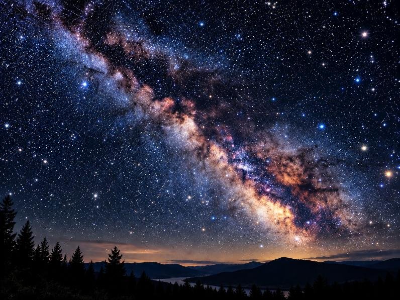 Ciel nocturne rempli d’étoiles et traversé par la Voie lactée.