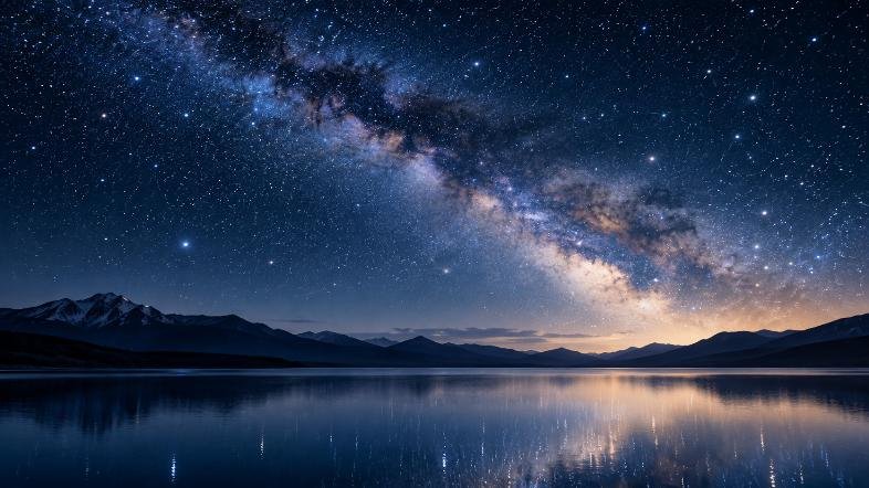 Ciel étoilé et Voie lactée se reflétant sur un lac entouré de montagnes.
