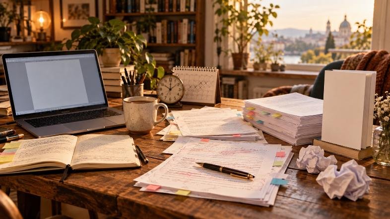 Bureau d’écrivaine avec ordinateur, manuscrits annotés
