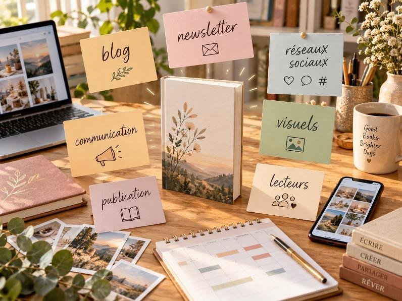 Bureau créatif entourant un livre avec les mots blog, newsletter, réseaux sociaux, communication, visuels, publication et lecteurs