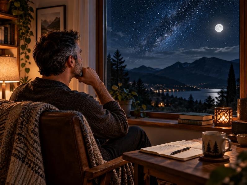 Homme assis près d’une fenêtre la nuit, observant le ciel étoilé