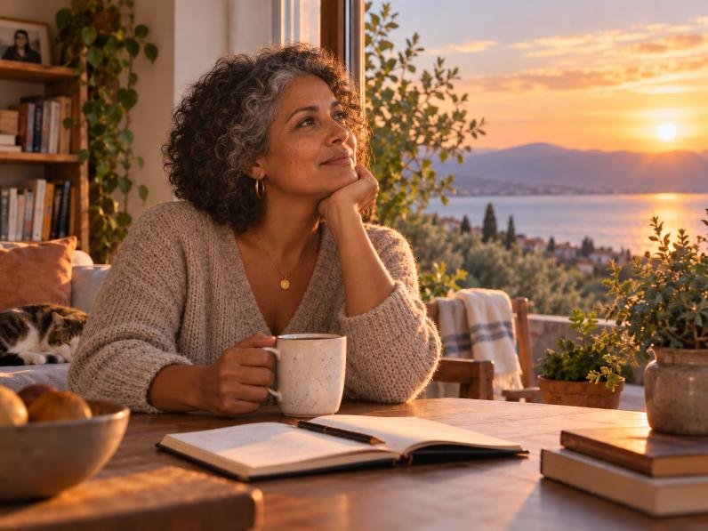 Femme contemplative devant un paysage au coucher du soleil, évoquant les questions de sens qui peuvent surgir dans une vie